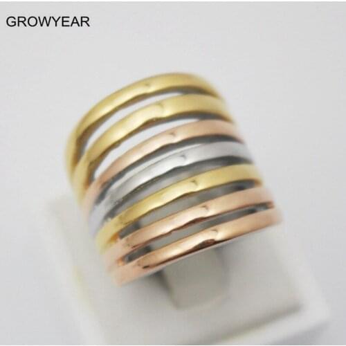 Wide Hollow Striped Colorful Wedding Bands Stainless Steel Women Ring Jewelry Rose Gold Silver color And Gold-color Size 7 9 6 8
