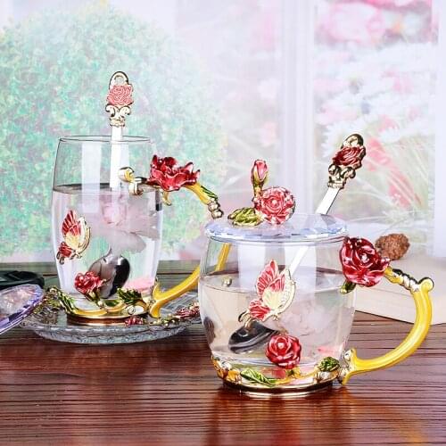 Glass coffee cup Rose and Rhinestones Decorated Enamel Coffee Cup Mug Flower Tea Milk Cups Alloy Handgrip Cups With lid saucer