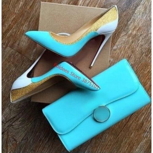Newest Gold Glitter Patchwork Dress Shoes Pointed Toe Blue White Patent Leather 12cm Stiletto Heels Pumps Celebrating Shoes 43