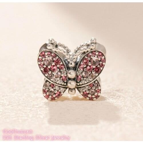 Spring 100% 925 Sterling Silver Dazzling Pink Butterfly Charm Pink Crystal beads Fits Original Pandora bracelets Jewelry