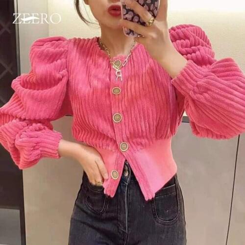 Vintage Corduroy Buttons Long Lantern Sleeve High Waist Jackets Women Autumn Winter Solid Stripe Female Round Neck Short Jackets
