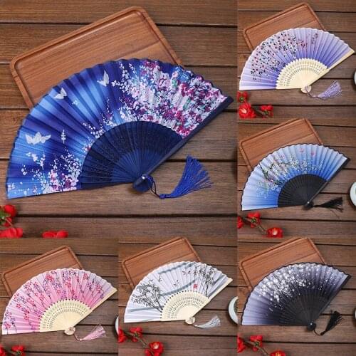 Vintage Silk Folding Fan Chinese Japanese Pattern Art Craft Gift Home Decoration Ornaments Dance Party Hand Fan Women