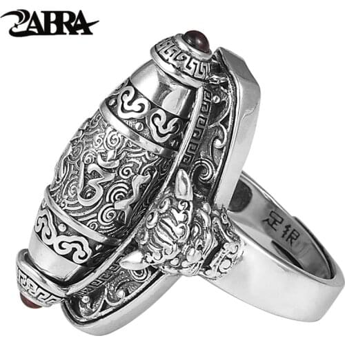 ZABRA Vintage Rotatable Signet Ring 990 Sterling Silver Buddha Six Word Rock Rings For Men Jewelry Size 7.5-12