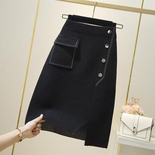 2021 Autumn Winter Women New Pencil Knitted Skirt Female Button High Waist Office Faldas Lady Slim Casual Package Hip Skirt Q209