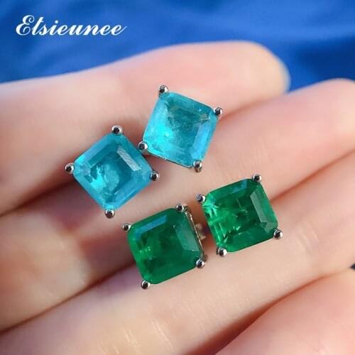 ELSIEUNEE 7x7MM 100% 925 Sterling Silver Paraiba Tourmaline Emerald Gemstone Stud Earrings For Women Fine Jewelry Drop Shipping