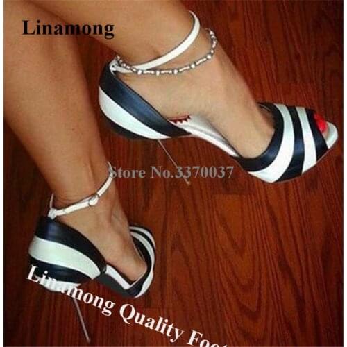 Linamong Brand White Black Stripes Metal Stiletto Heel Pumps Peep Toe Leather Ankle Strap High Heels Wedding Dress Shoes Heels