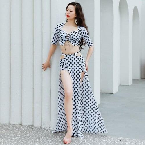 Belly Dance Oriental Female Practice Clothing Suit Ice Silk V-NeckTop Half Sleeve Split Skirt Performance Clothes Set