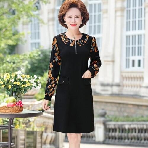 Plus size 5XL New Women Floral Print mid-age Slim spring long Sleeve Straight And knees Dress Sexy Female Casual work Dresses