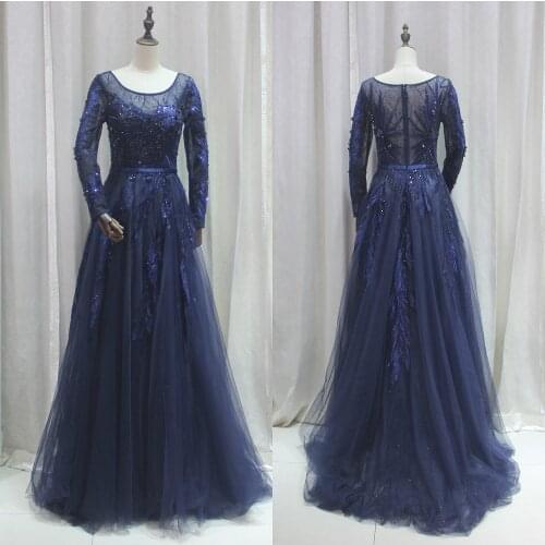 Real Photos Long Sleeve Evening Dress Round Neck Beading Illusion Dark Blue Elegant Formal Dresses Gowns for Women Tulle Robe