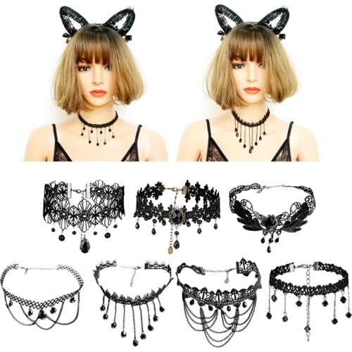 Vintage Punk Black Tattoo Lace Choker Wedding Party Beads Rhinestone Tassels Chain Pendant Gothic Necklace for Women Ladies Girl