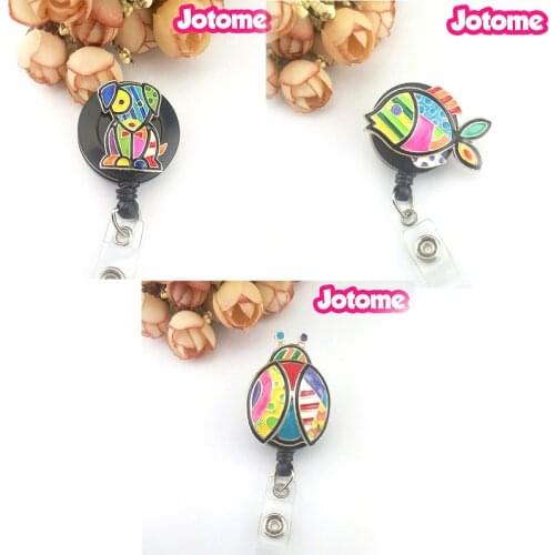 10pcs/lot free shipping colorful enamel fish/dog/ladybug animal style Retractable ID Badge Reel Holder reel for gift/party