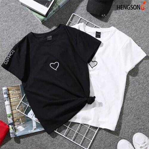2020 Summer Couples Lovers T-Shirt For Women Casual White Tops Tshirt Women T Shirt Love Heart Embroidery Print T-Shirt Female