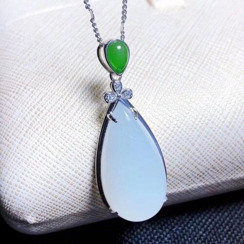 925 Sterling Silver Inlaid Natural Hetian Jade Drop Pendant Natural Jasper Embellished Clavicle Chain