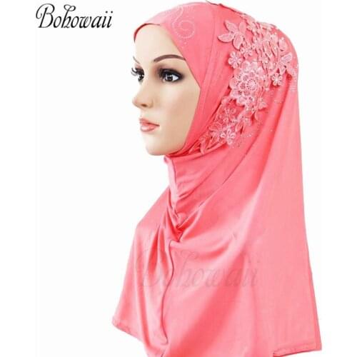 BOHOWAII Lace Instant Square Hijab Caps Prayer Turban Muslim Ramadan Jersey Foulard Girl Fashion Head Scarf Headwraps Khimar
