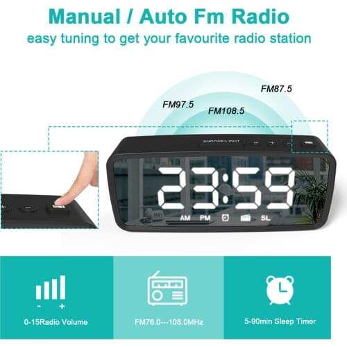 USB Creative Mirror Alarm Clock Radio Electronic Digital Alarm Clock With Snooze Function Bedside Clock Beauty Mirror