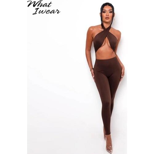 Whatiwear Solid Sleeveless Halter Jumpsuit Women 2021 Classic Sexy Cleavage Backless Elastic Feamle Skinny One Piece Streetwear