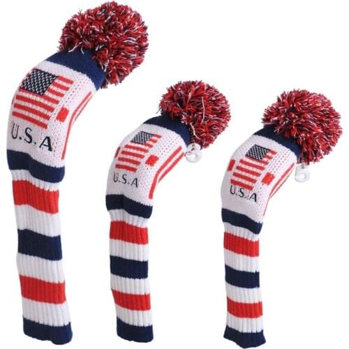 Golf Club Head Cover Set of 3 Knit Pom Pom Headcovers Numbered 1, 3, 5, Fits Wood Drivers USA Flag