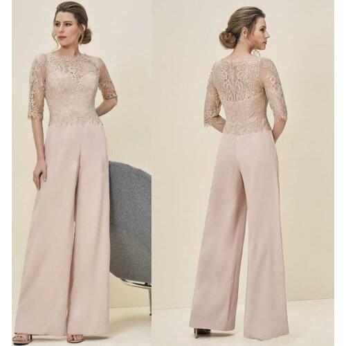 2020 Half Sleeves Lace Mother of the Bride Dresses Crew Neck Zipper Back Pant Suit Party Gowns Long Jumpsuit Women Dress