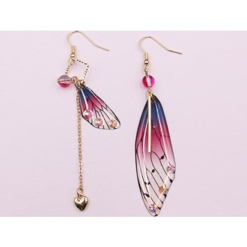 Fairy Butterfly Wing Earrings Glitter Rhinestone Asymmetric Drop Earrings Dreamy Pink Purple Insect Earrings Bridal Jewelry
