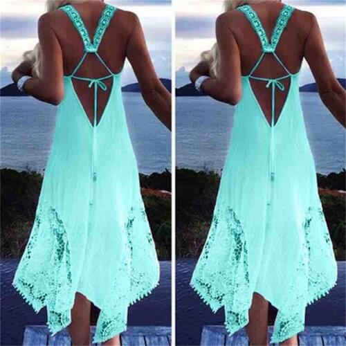 Fashion Summer Women Dress Sexy Backless Lace Tie Not Specified Ladies Dress Stitching Women Beach Dress