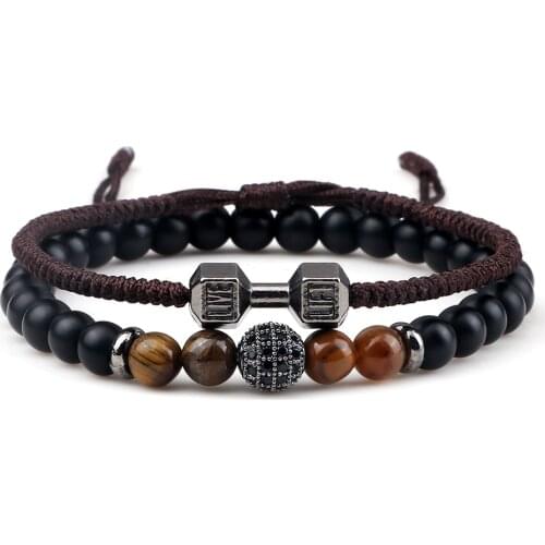 2pcs/Set Men Beaded Bracelet 6mm Onyx Stone Charm Dumbbells Thread Braided Bracelets & Bangles Women Fitness Wristband Jewelry