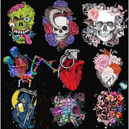 DIY Iron On Transfer Skull Stickers For Clothes Heat Transfer Punk Patch Thermo Sticker On Clothes Accessories Thermal Transfers