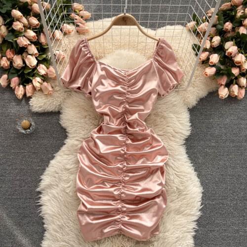 SINGREINY Women Ruched Satin Dress Korean Puff Sleeve V Neck Slim Party Dresses 2021 Summer Sexy Streetwear Pencil Short Dress