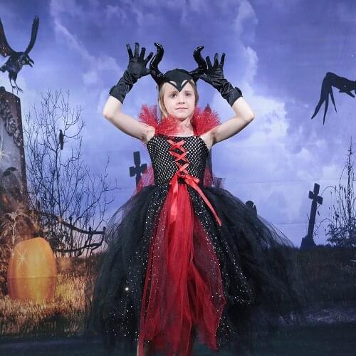 Evil Queen Girl Halloween Costume Teen Girls Tutu Dress with Horns and Gloves Mal Outfit Baby Tulle Dress Carnival Kids Clothing