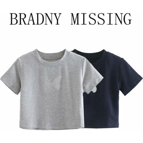 Slim Girls Soft Cotton Vintage T-shirt 2021 Fashion Ladies Office Casual Women Butterfly Print High Waist Cropped T-shirt