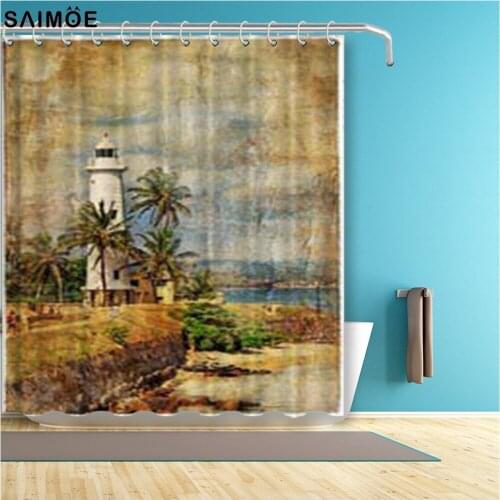 Retro Seaside Lighthouse Waterproof Fabric Shower Curtain Set Beach Seaside Landscape Bathroom Curtain Bathing Cover