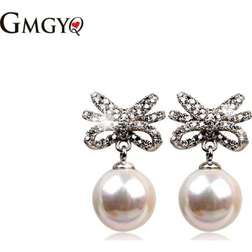 GMGYQ Pearl Dangle Oorbellen Mode Bloem CC Crystal Ronde Drop Parels Oorbel Voor Vrouwen Wedding Bridal Sieraden voor Vrouwelijk