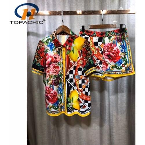4.11 2021 Spring Summer High End New Women Fashion Vintage Lapel Rose Print Short Sleeve Shirt + High Waist Shorts Set