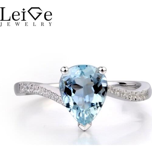 Leige Jewelry Natural Aquamarine Ring Pear Cut Wedding Engagement Rings for Women 925 Sterling Silver Blue Gemstone Jewelry