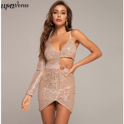 Free Shipping 2020 New Sexy One Shoulder Long Sleeve Shiny Sequin Dress Bodycon Cutout Dress Celebrity Christmas Party Vestidos
