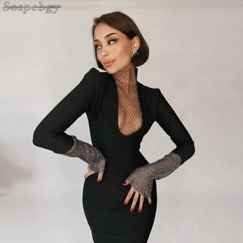 2021 Spring and Autumn New Black Women Skinny Bodycon Bandage Dress Sexy Elegant Long Sleeve Beading Club Party Dress