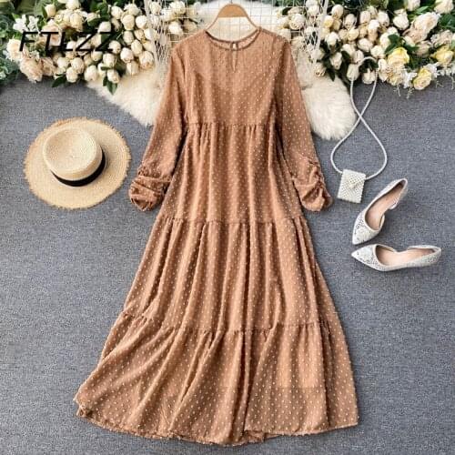 New Women Bohemian Long Robe Fashion Spring Summer Long Sleeve Chiffon Dot Loose Overisize Dresses Ladies Elegant Dress Vestidos