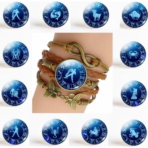 12 Constellation Zodiac Sign Fashion Bracelet Gemini Cancer Virgo Libra Scorpio Punk Braided Leather Accessories Birthday Gift