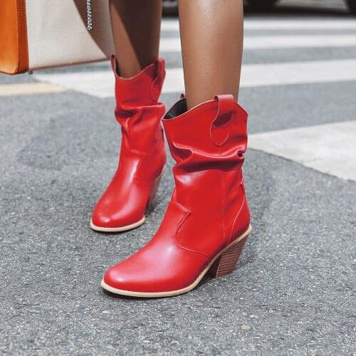 2021 Motorcycle Western Cowgirl Boots Faux Leather Cowboy Ankle botas Women Wedge High Heel Boots chunky botas mujer size 34-43