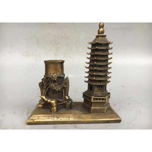 7'' copper carved office folk fengshui carved pagoda dagoba bamboo brush pot