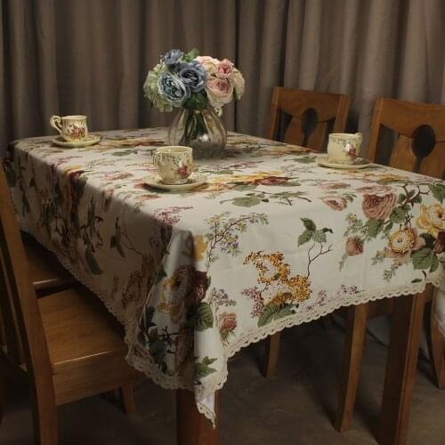 CURCYA Beige Tablecloth for Home Kitchen Decoration Garden Flowers 100% Cotton Table Cloth Cover for Dinner Table
