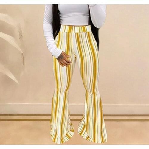 TNNAOFF Sexy Plaid Striped Print High Waisted Flare Pants for Women Spring Fall 2021 Fashion Elegant Elastic Casual Trousers