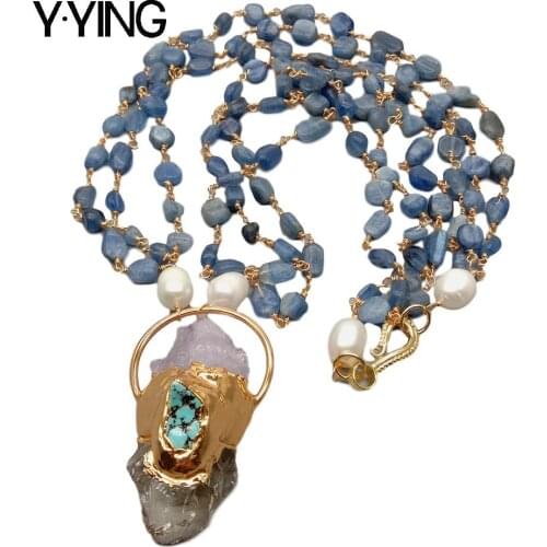 Y.YING Natural White Rice Pearl Blue Kyanites Chain statement Necklace Quartzs Amethysts Rough Pendant 26