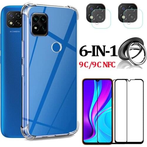 6-IN-1 NFC Redmi 9C Phone Case + Glass Ring Camera Back Cover for Xiaomi Redmi 9C NFC Clear Bumper Case Redmi 9 C 9A Redmi9C 9C