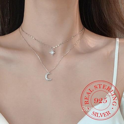 Double Star Moon 925 Sterling Silver Cubic Zirconia Clavicle Chain Necklace For Women Girls Simple Dainty Trendy Jewelry