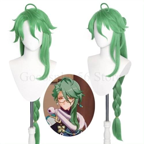 Genshin Impact Cosplay BAIZHU Wig Bun Green 100cm Long Straight Braided Ponytail Heat Resistant Hair Role Play