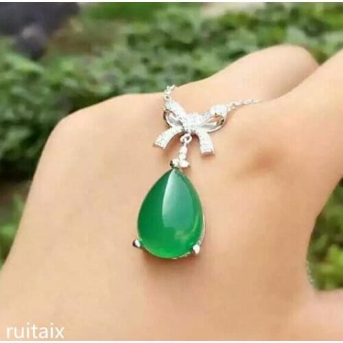 KJJEAXCMY boutique jewels S925 Pure silver natural green jade medulla pendant + necklace inlay jewelry water drop bow curve wild