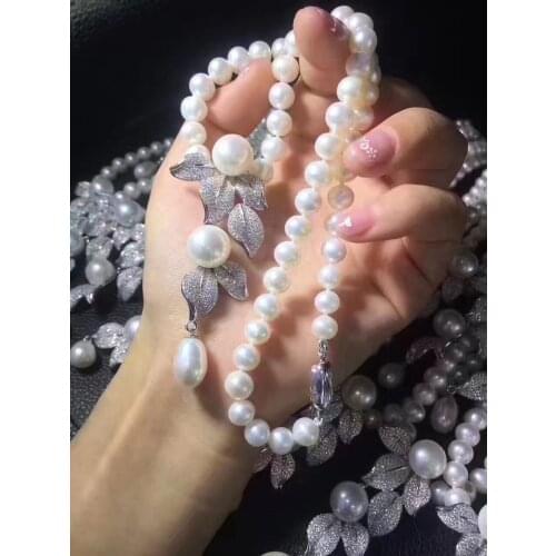 Jewelry set natural fresh water pearl pendant necklace and earring set 925 sterling silver with cubic zircon leaf fashion style