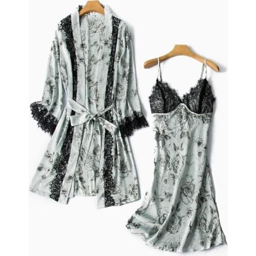Women 2PCS Sleepwear Satin Nighty&Robe Set Lace Nightwear Kimono Bathrobe Gown Sexy Intimate Lingerie Lounge With Chest Pads