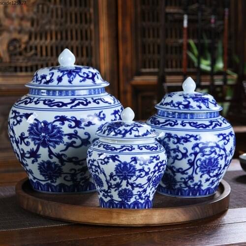 Creative Blue and White Porcelain General Jar Ceramic Candy Tea Caddy Large Sealed Storage Jar Living Room Entrance Decoration