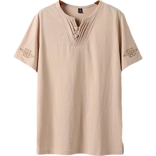 Mens Large Size Clothing T Shirts Linen Chinese Style Summer V-neck Big Short Sleeve T-shirt Male Tee Tops Plus 6XL 7XL 8XL 9XL